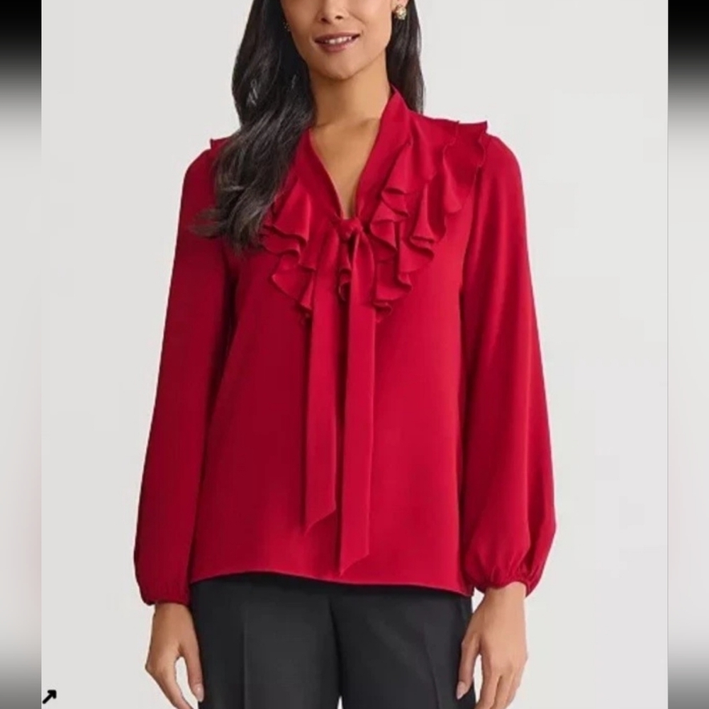 Kasper Women's Red Ruffle Tie-Neck Blouse Size L